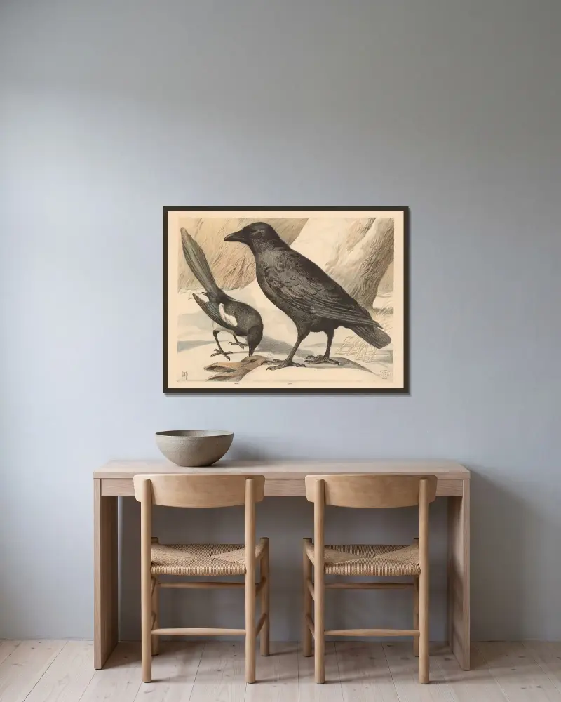 Ravn og skade av Oluf August Hermansen inramad på en vägg