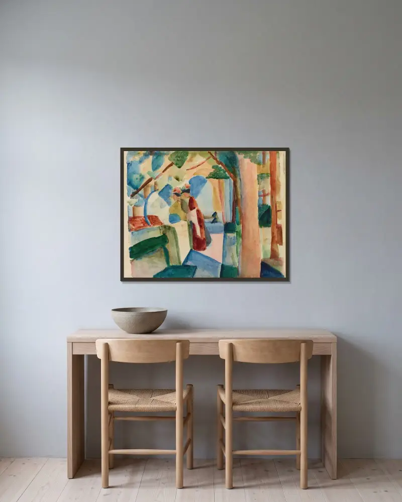 Na hřbitově v Thunu, August Macke v rámu na stěně