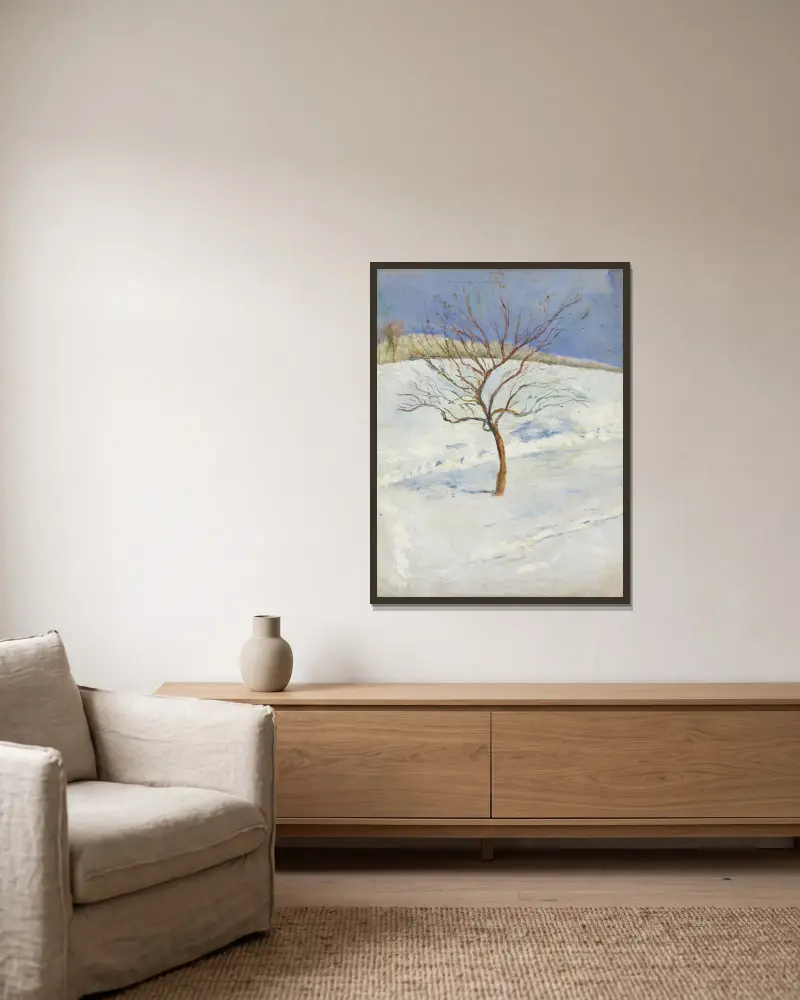 Baum in verschneiter Landschaft von August Macke gerahmt an einer Wand