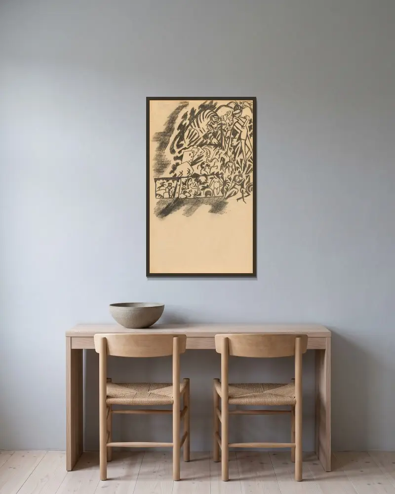 Entwurf zur Tigerjagd von August Macke gerahmt an einer Wand