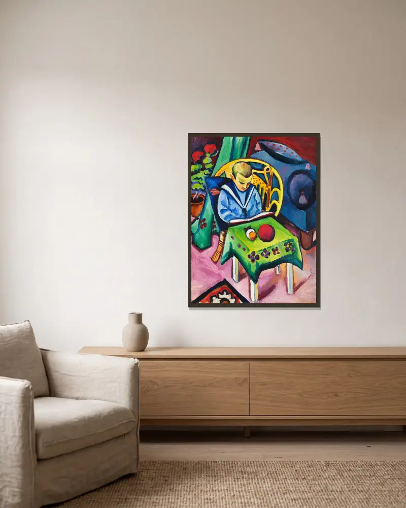 Junge mit Buch und Spielsachen von August Macke gerahmt an einer Wand