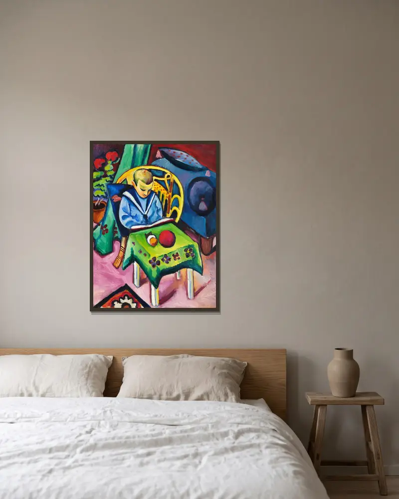 Junge mit Buch und Spielsachen von August Macke gerahmt an einer Wand
