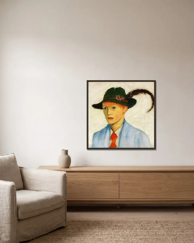 Junge mit Federhut av August Macke inramad på en vägg