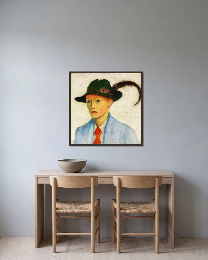 Junge mit Federhut av August Macke inramad på en vägg