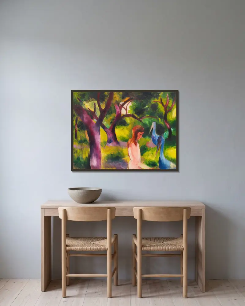 Mädchen mit blauen Vögeln av August Macke inramad på en vägg