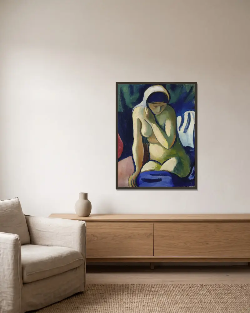 Naked Girl with Headscarf av August Macke inramad på en vägg