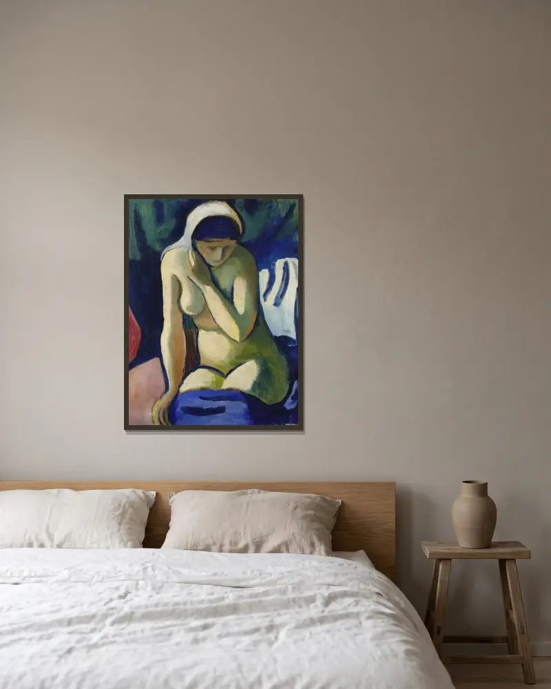 Naked Girl with Headscarf av August Macke inramad på en vägg