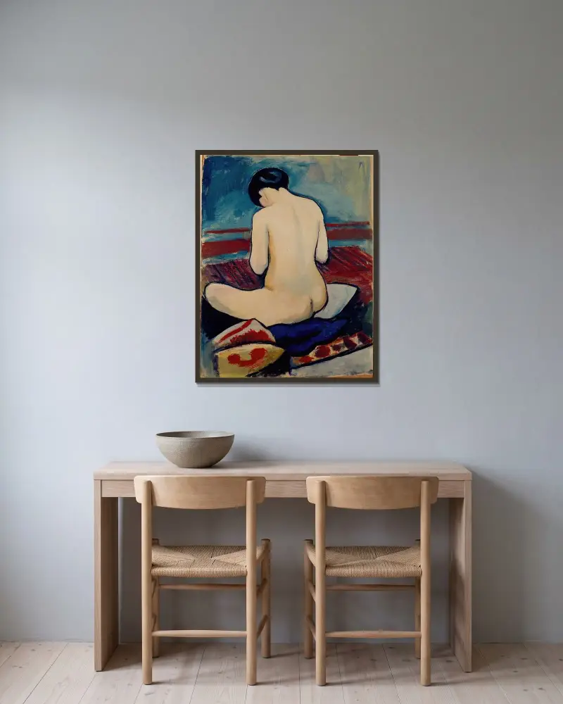 Sitting Nude with Pillow av August Macke inramad på en vägg
