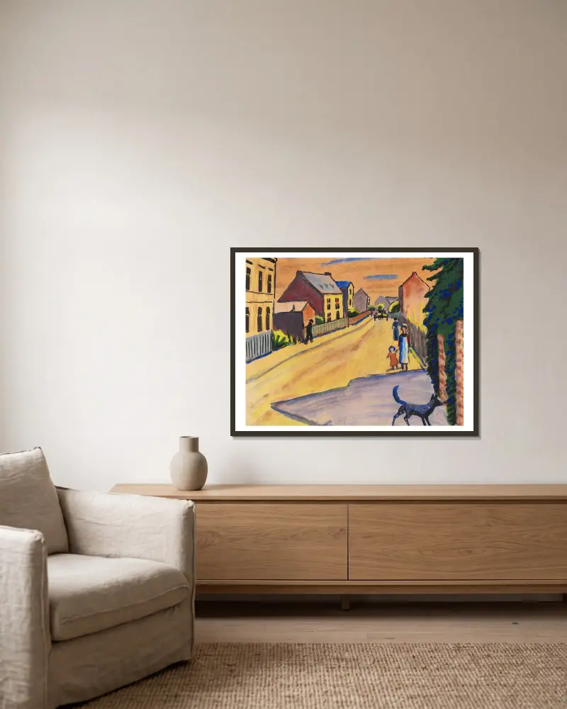 Sonnige Straße mit Hund av August Macke inramad på en vägg