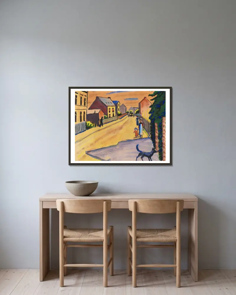 Sonnige Straße mit Hund av August Macke inramad på en vägg