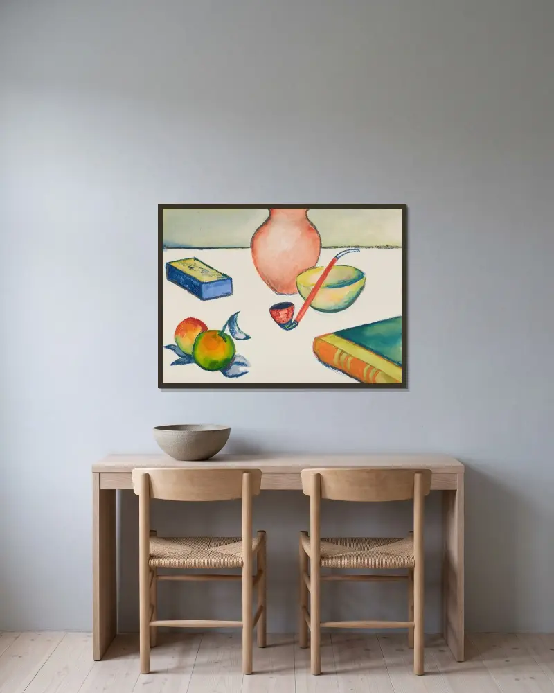 Stilleben mit Pfeife und Äpfeln av August Macke inramad på en vägg