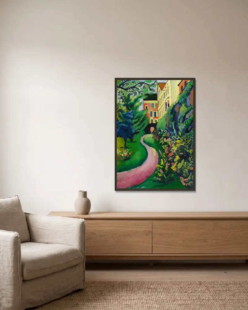 Unser Garten mit blühenden Rabatten av August Macke inramad på en vägg