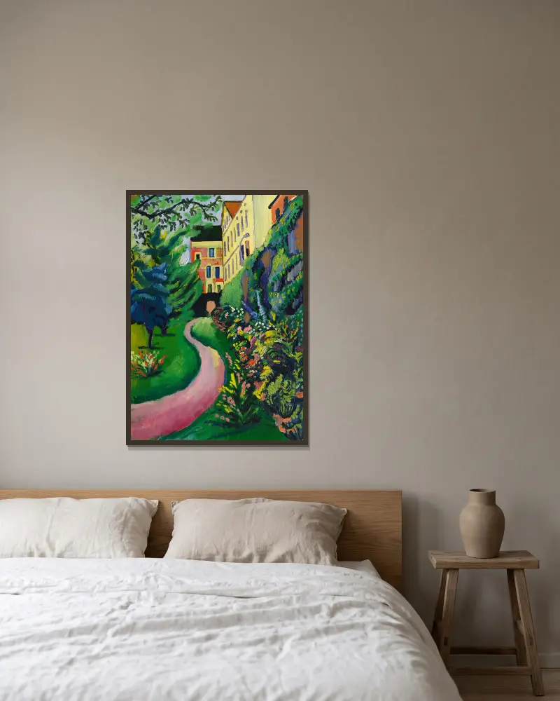 Unser Garten mit blühenden Rabatten av August Macke inramad på en vägg