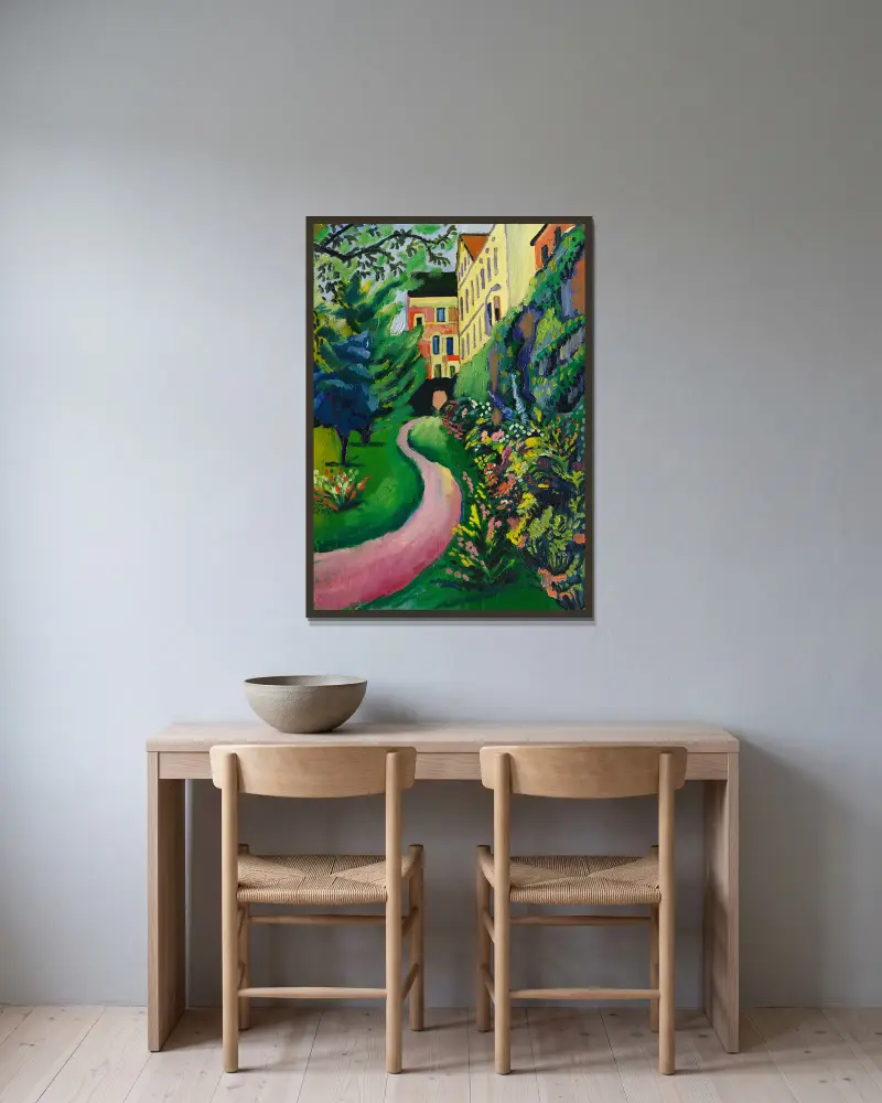 Unser Garten mit blühenden Rabatten av August Macke inramad på en vägg