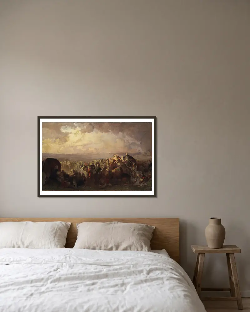 Slaget vid Bråvalla. Studie av August Malmström inramad på en vägg