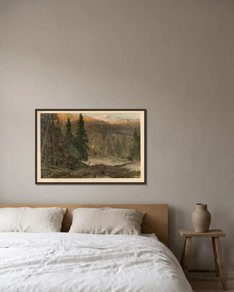 North American coniferous forest av August Specht inramad på en vägg