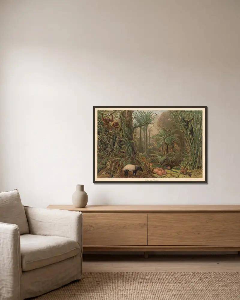 Primeval forest on Sumatra av August Specht inramad på en vägg