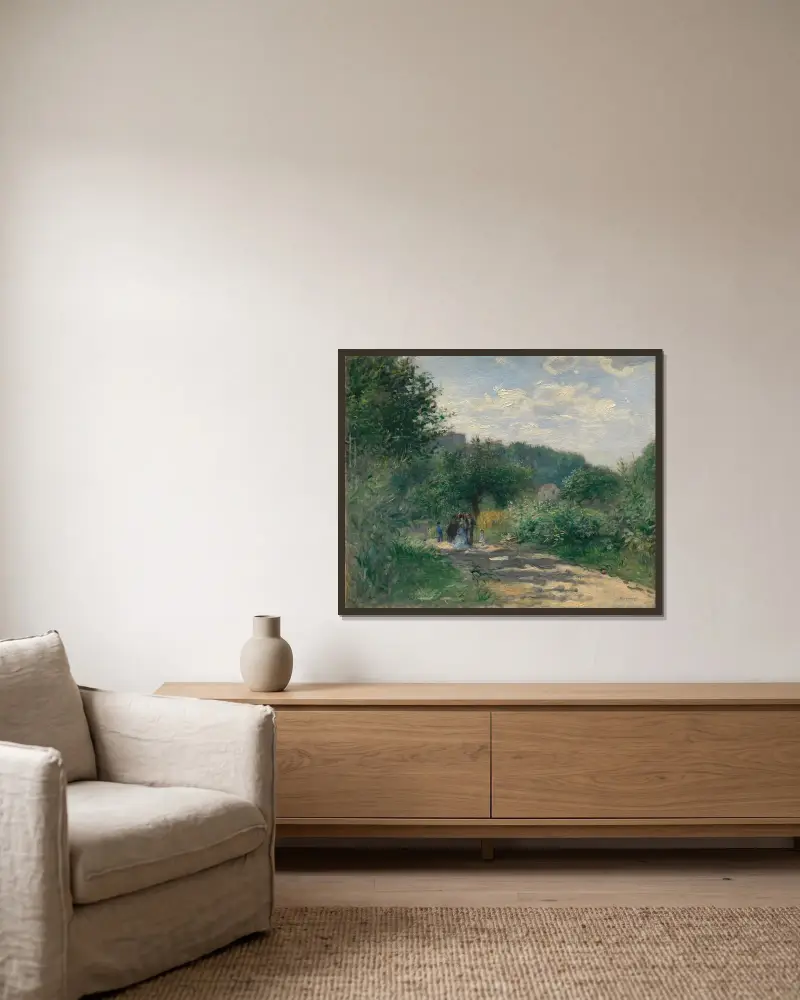 En väg i Louveciennes av Pierre-Auguste Renoir inramad på en vägg