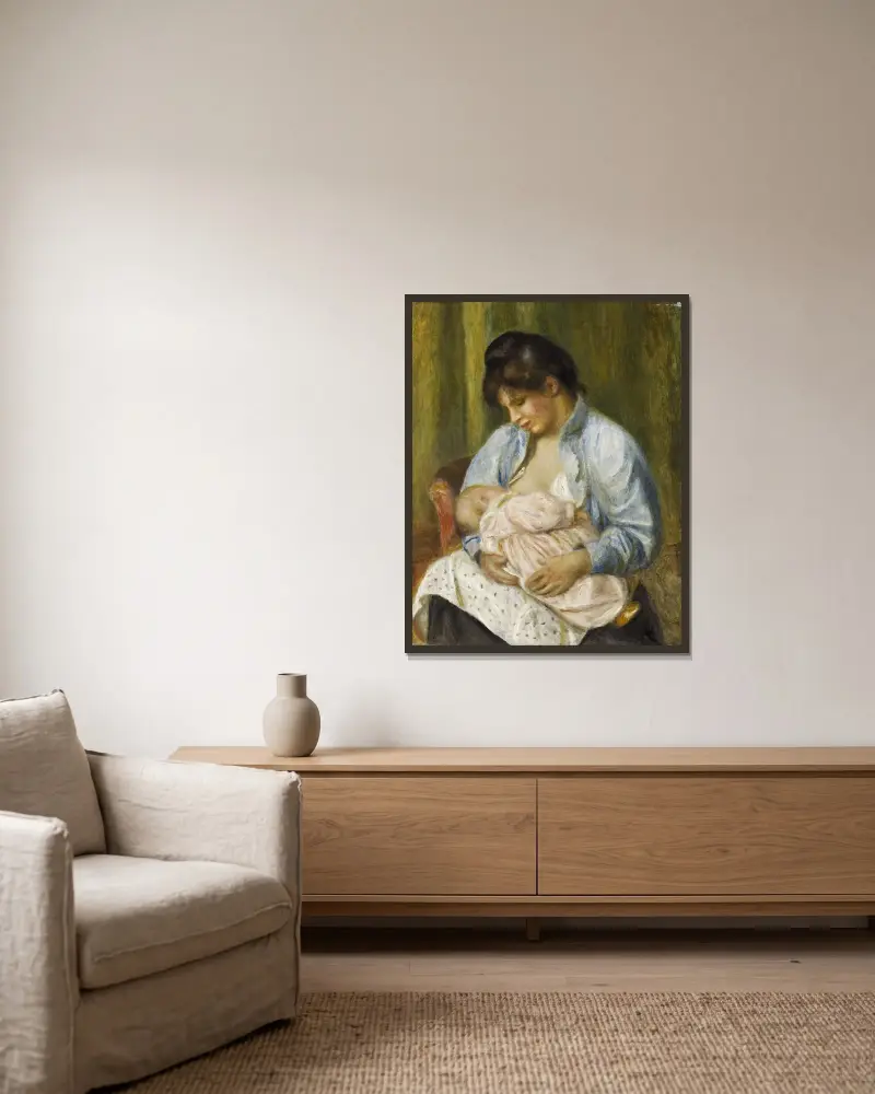 Kvinna som ammar ett barn av Pierre-Auguste Renoir inramad på en vägg