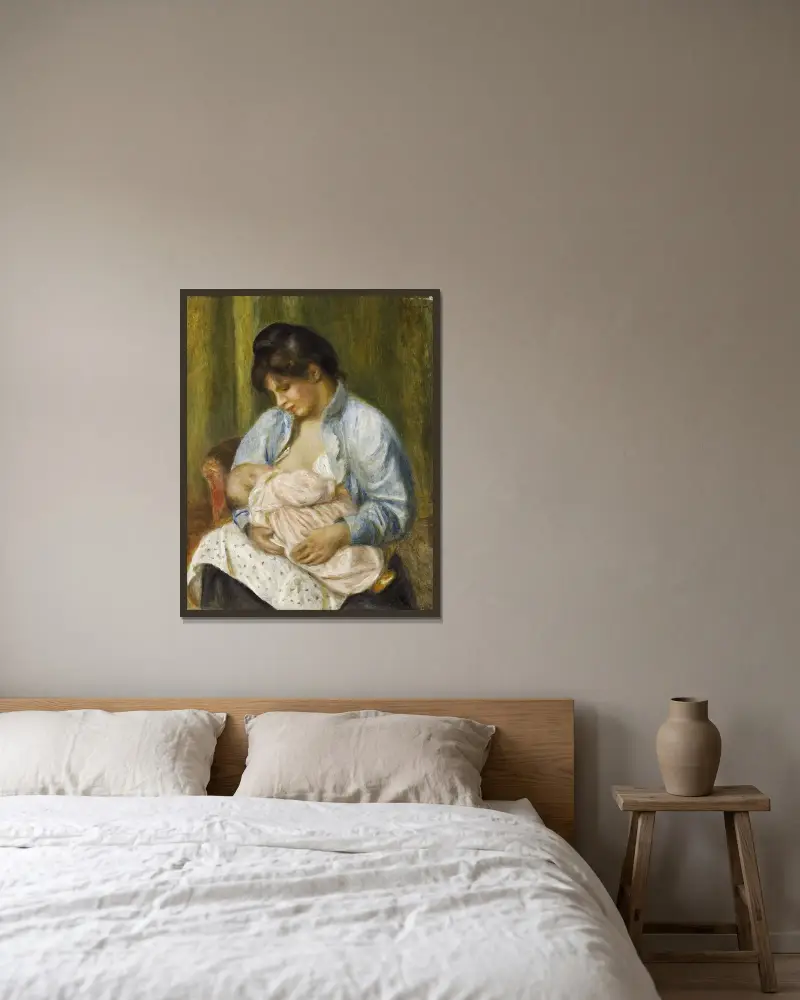 Kvinna som ammar ett barn av Pierre-Auguste Renoir inramad på en vägg