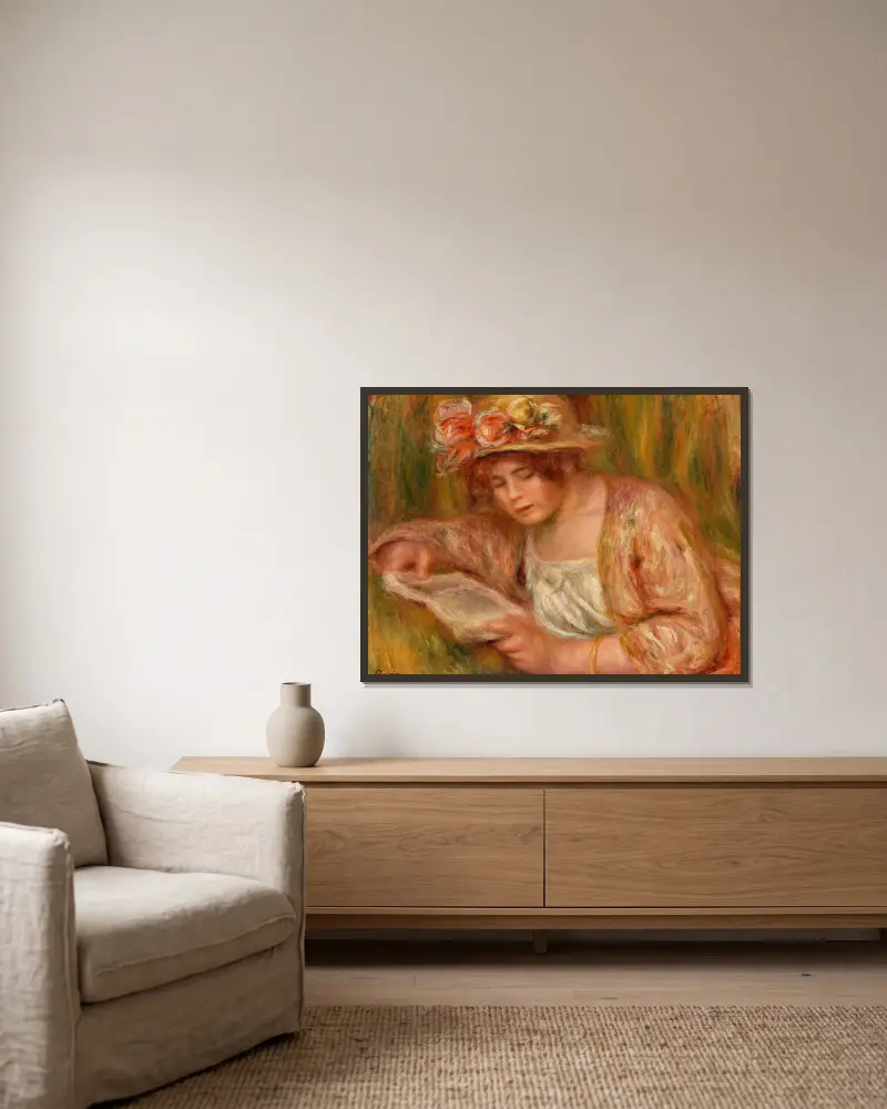 Andrée in a Hat, Reading (Andrée en chapeau, lisant), Pierre-Auguste Renoir v rámu na stěně