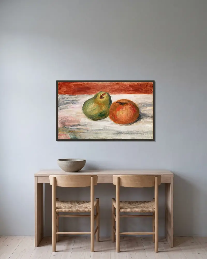 Apple and Pear (Pomme et poire) av Pierre-Auguste Renoir inramad på en vägg