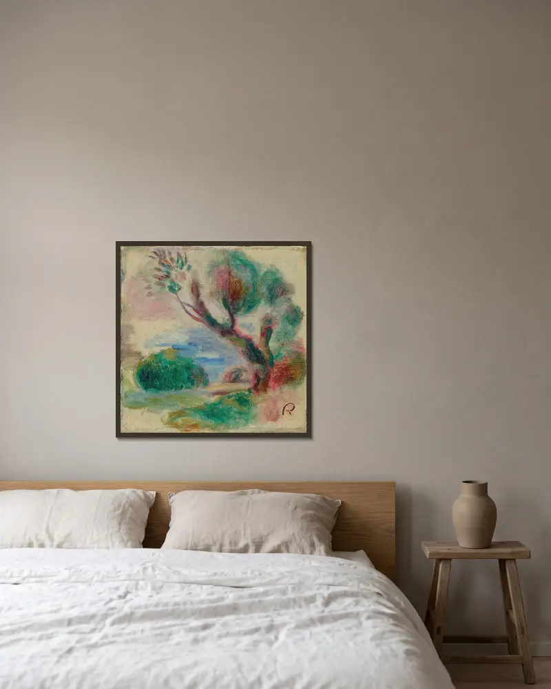 Träd vid Cagnes, havet i fjärran av Pierre-Auguste Renoir inramad på en vägg