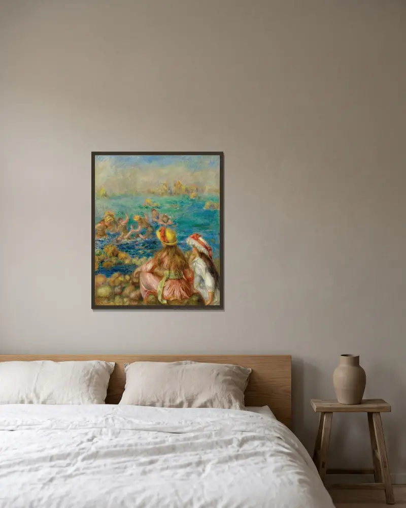 Badande kvinnor av Pierre-Auguste Renoir inramad på en vägg