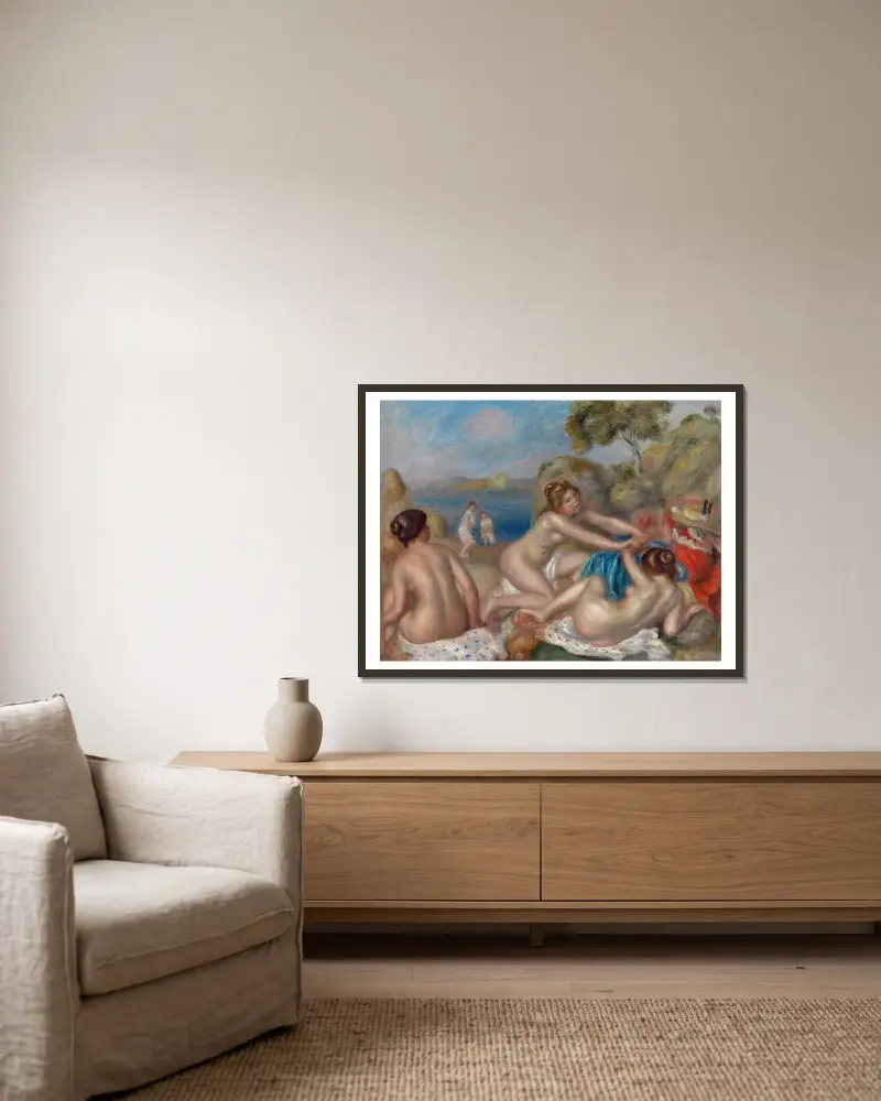 Bathers Playing with a Crab av Pierre-Auguste Renoir inramad på en vägg
