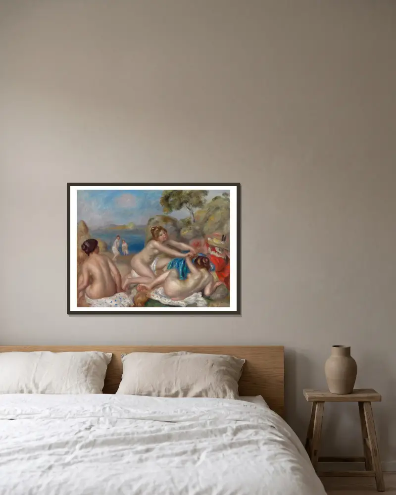 Bathers Playing with a Crab av Pierre-Auguste Renoir inramad på en vägg
