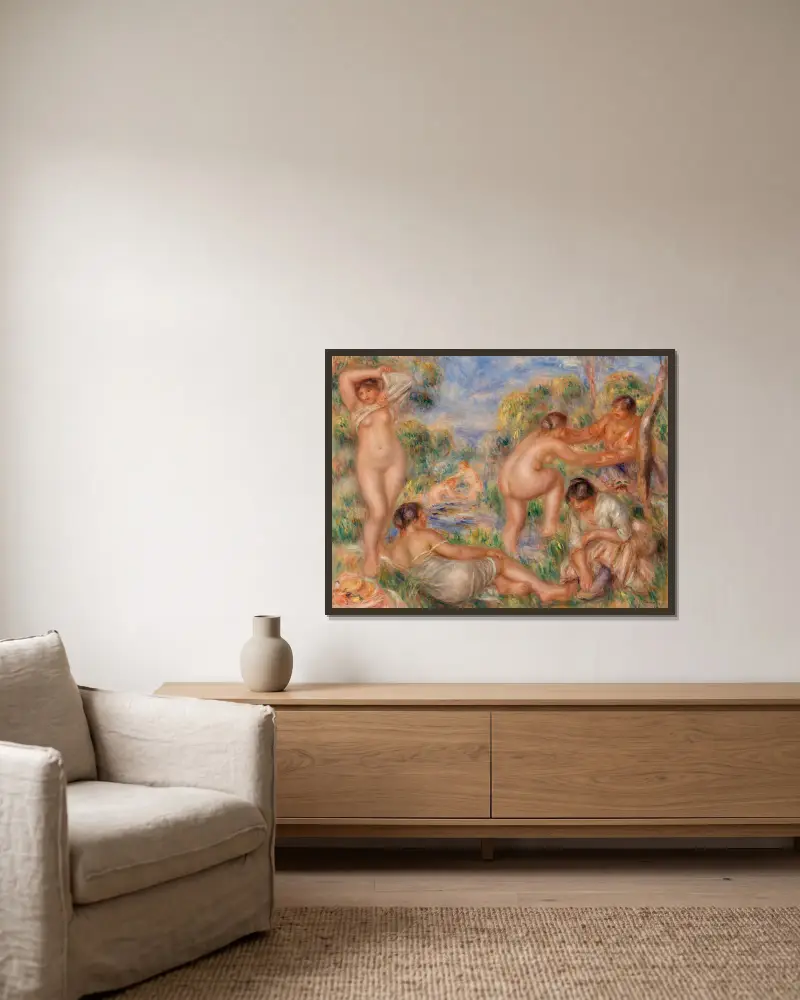 Bathing Group av Pierre-Auguste Renoir inramad på en vägg