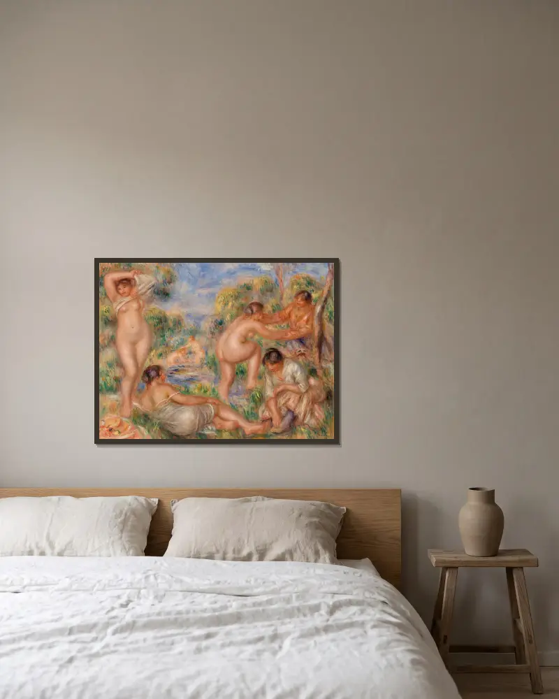 Bathing Group av Pierre-Auguste Renoir inramad på en vägg