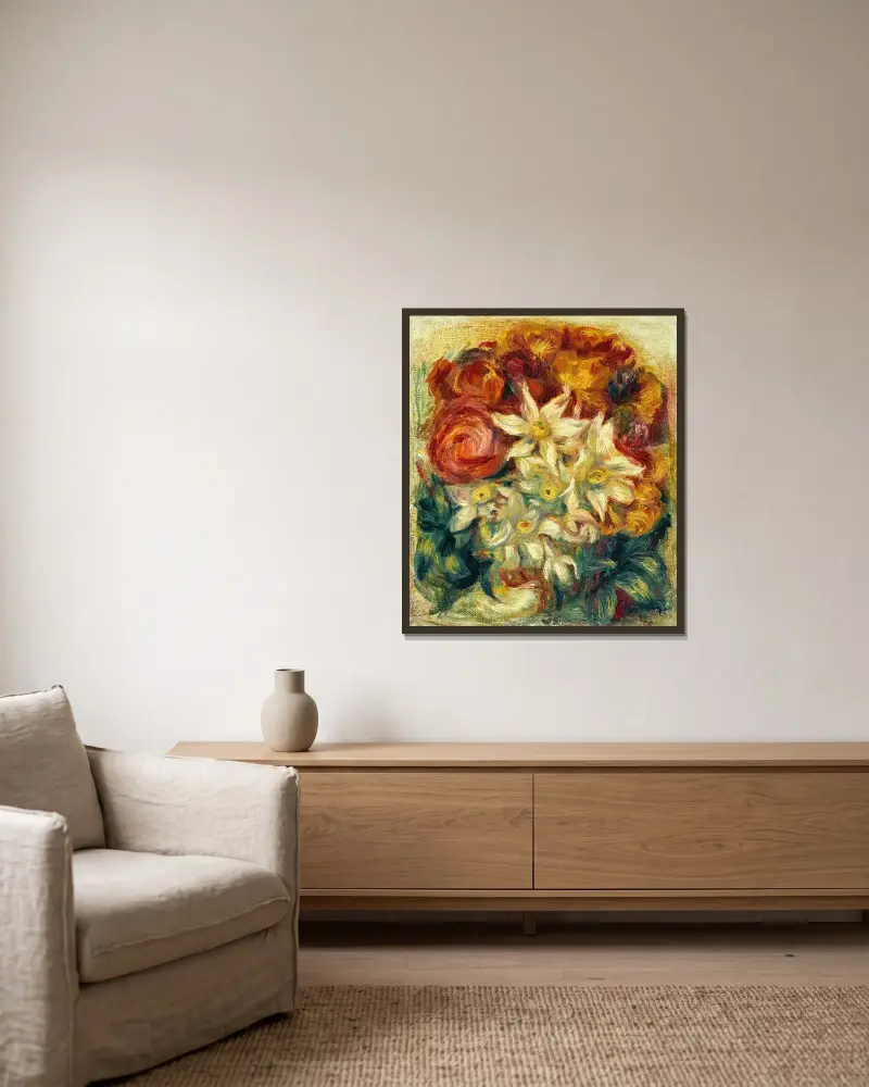 Bukett med narcissor och rosor av Pierre-Auguste Renoir inramad på en vägg