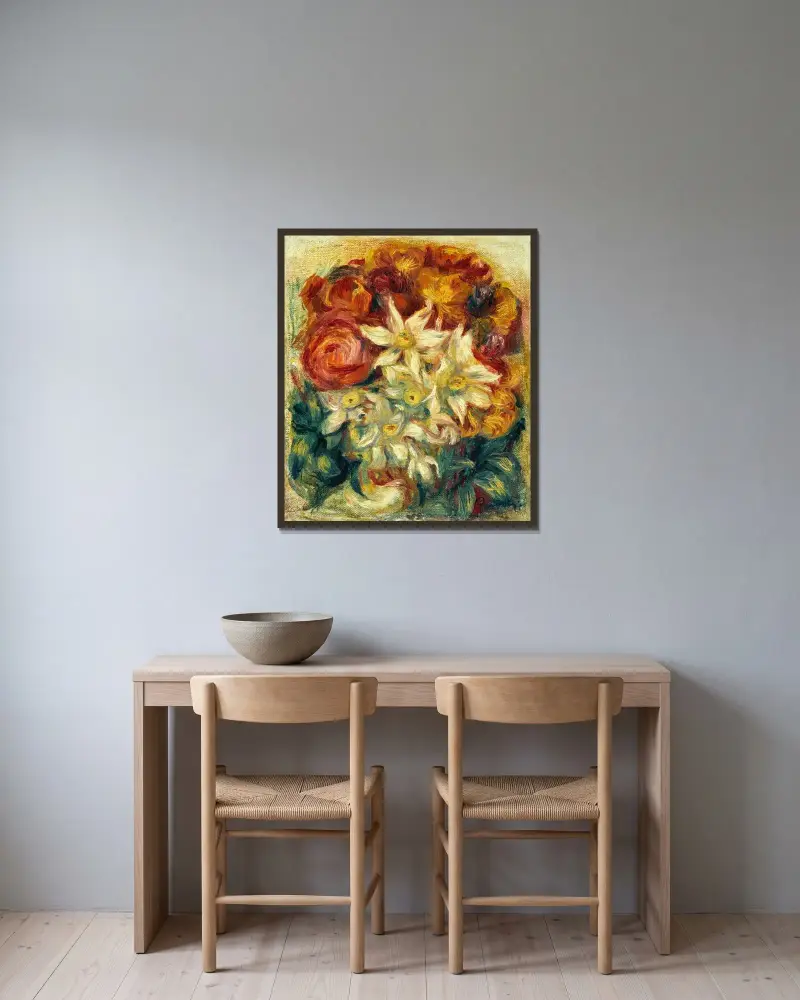 Bukett med narcissor och rosor av Pierre-Auguste Renoir inramad på en vägg