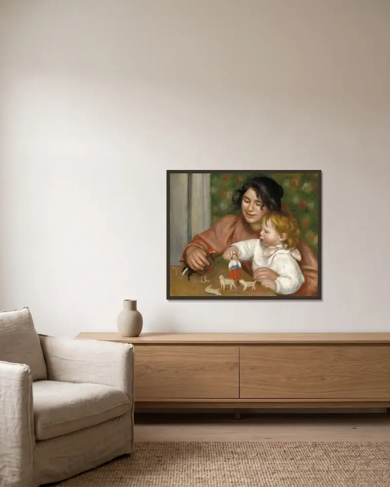 Barn med leksaker – Gabrielle och konstnärens son Jean av Pierre-Auguste Renoir inramad på en vägg