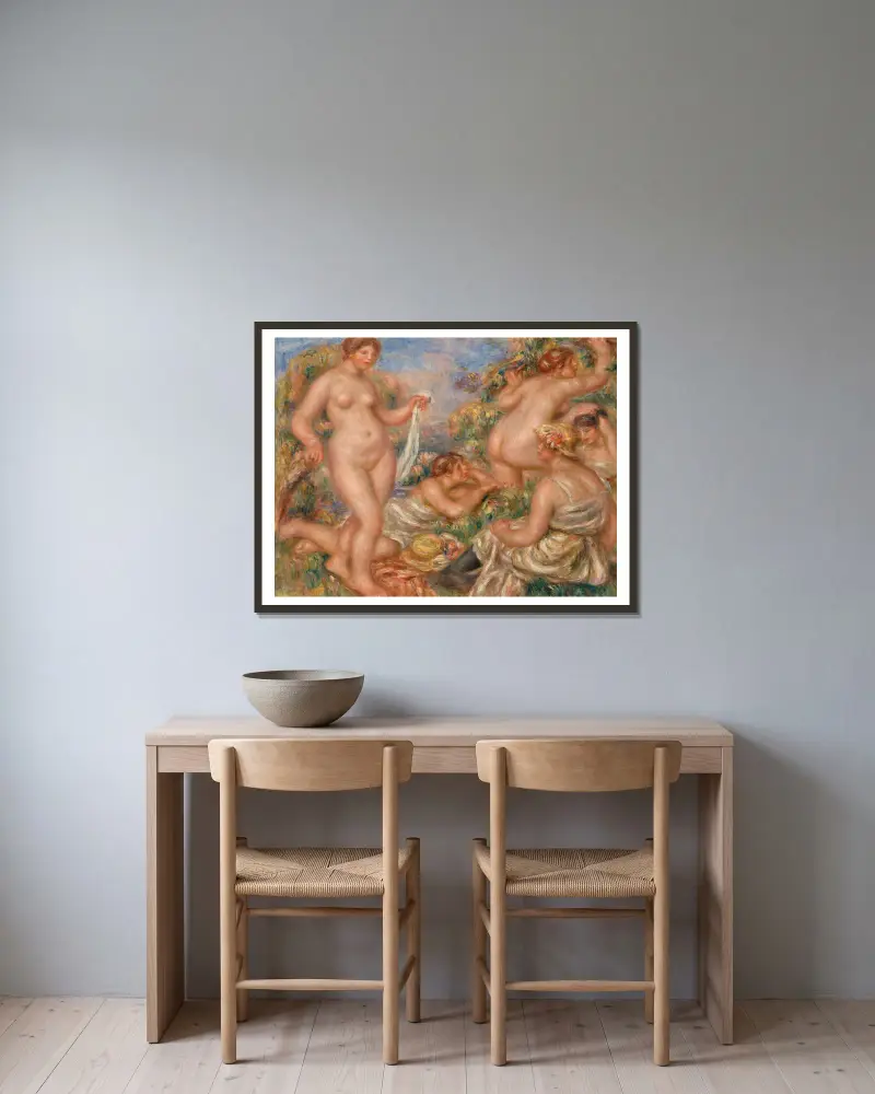 Komposition, fünf Badende von Pierre-Auguste Renoir gerahmt an einer Wand