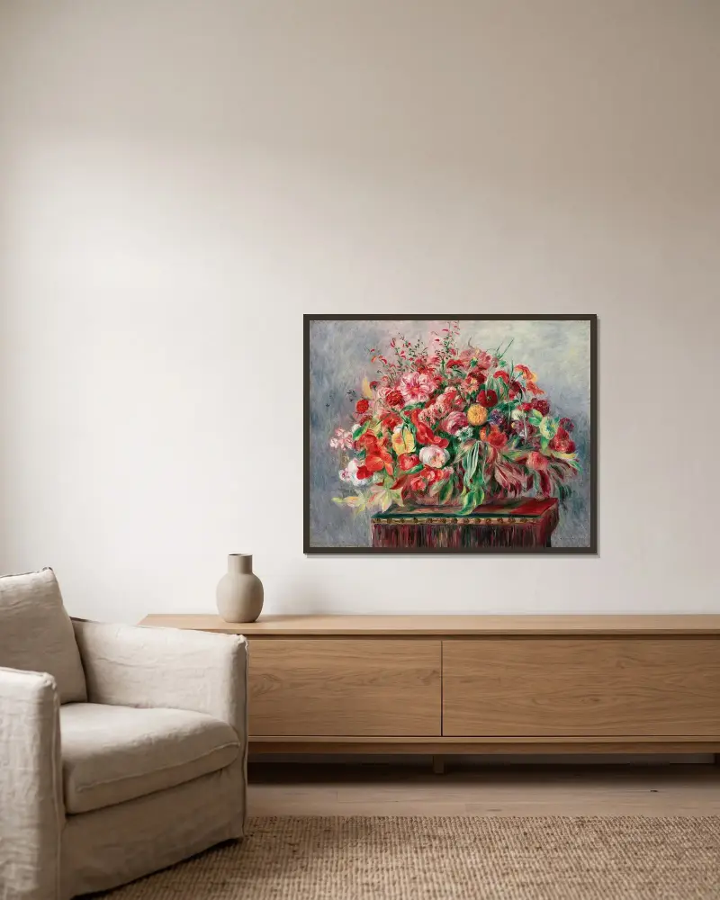 Blumenkorb von Pierre-Auguste Renoir gerahmt an einer Wand