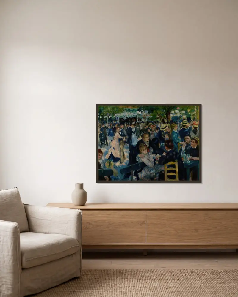 Dance at Le Moulin de la Galette av Pierre-Auguste Renoir inramad på en vägg