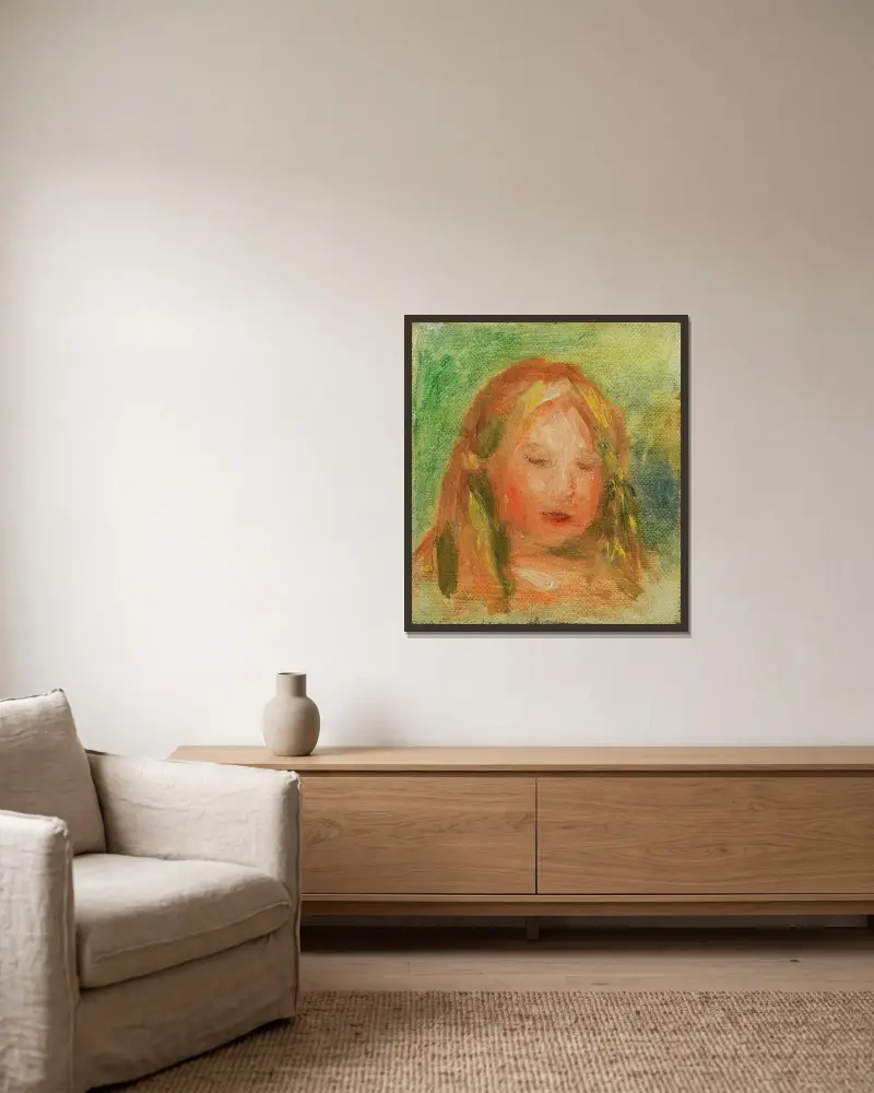 Studie; Kinderkopf (Coco) von Pierre-Auguste Renoir gerahmt an einer Wand