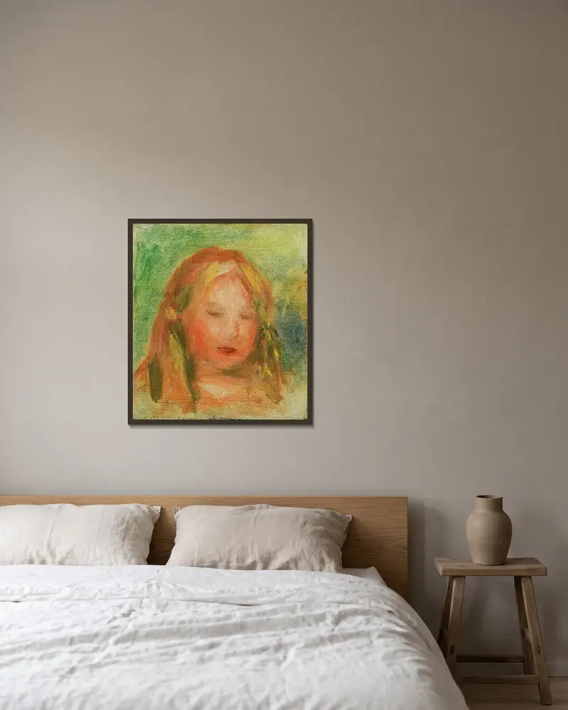 Studie; Kinderkopf (Coco) von Pierre-Auguste Renoir gerahmt an einer Wand