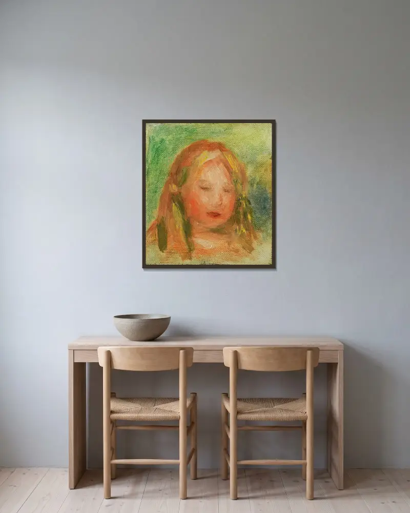Studie; Kinderkopf (Coco) von Pierre-Auguste Renoir gerahmt an einer Wand