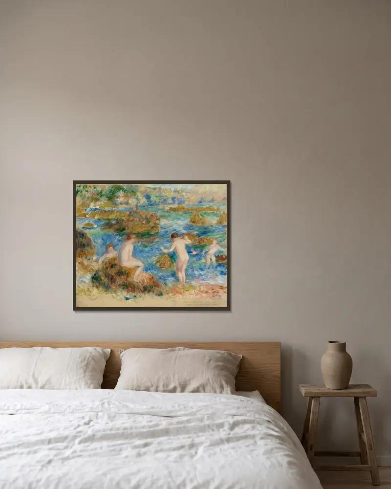 Nakna pojkar bland klipporna på Guernsey av Pierre-Auguste Renoir inramad på en vägg