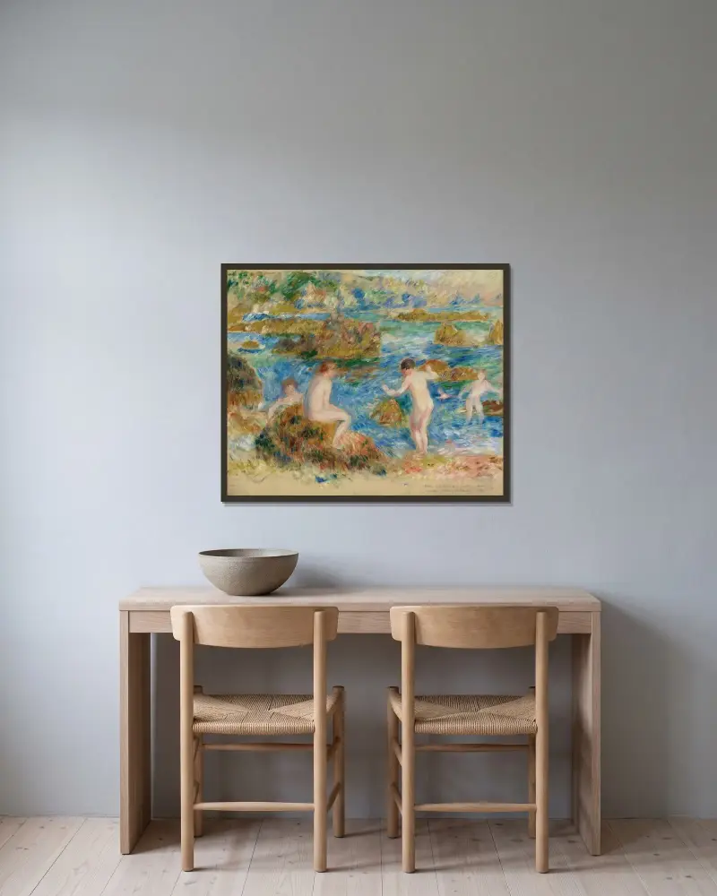 Nakna pojkar bland klipporna på Guernsey av Pierre-Auguste Renoir inramad på en vägg