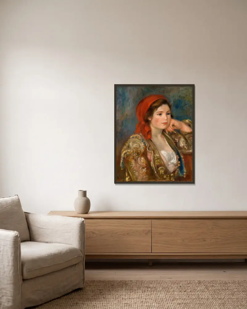 Flicka i spansk jacka av Pierre-Auguste Renoir inramad på en vägg