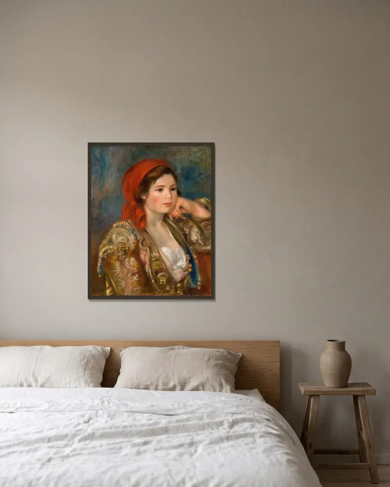 Flicka i spansk jacka av Pierre-Auguste Renoir inramad på en vägg