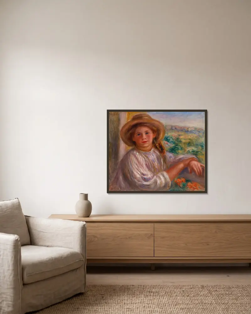 Ung kvinna på balkong, Cagnes av Pierre-Auguste Renoir inramad på en vägg