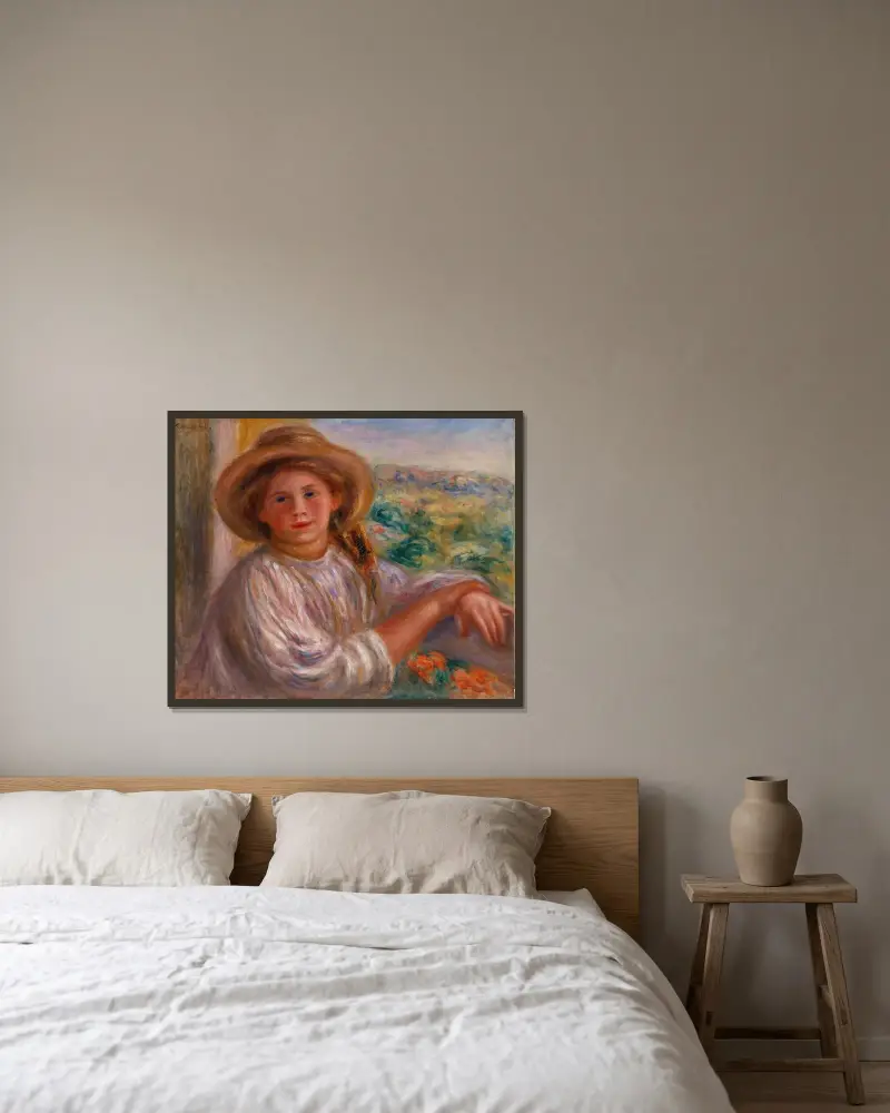 Ung kvinna på balkong, Cagnes av Pierre-Auguste Renoir inramad på en vägg