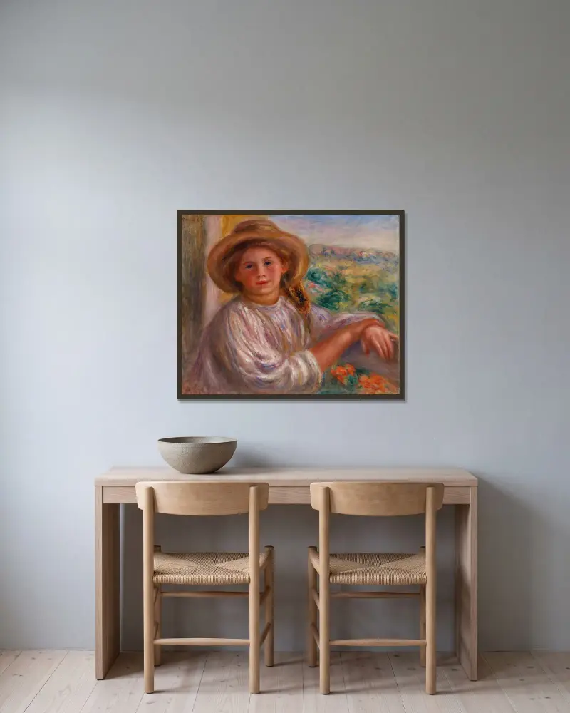 Ung kvinna på balkong, Cagnes av Pierre-Auguste Renoir inramad på en vägg