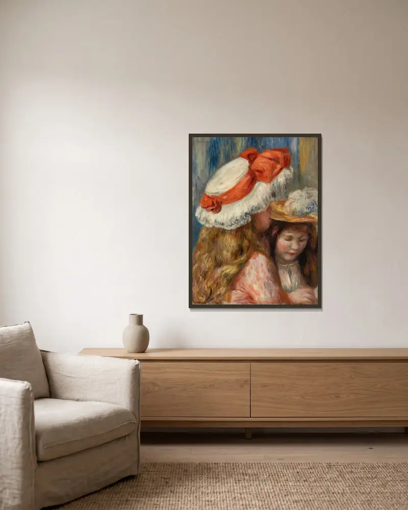Girls with Hats (Jeunes filles aux chapeaux) av Pierre-Auguste Renoir inramad på en vägg