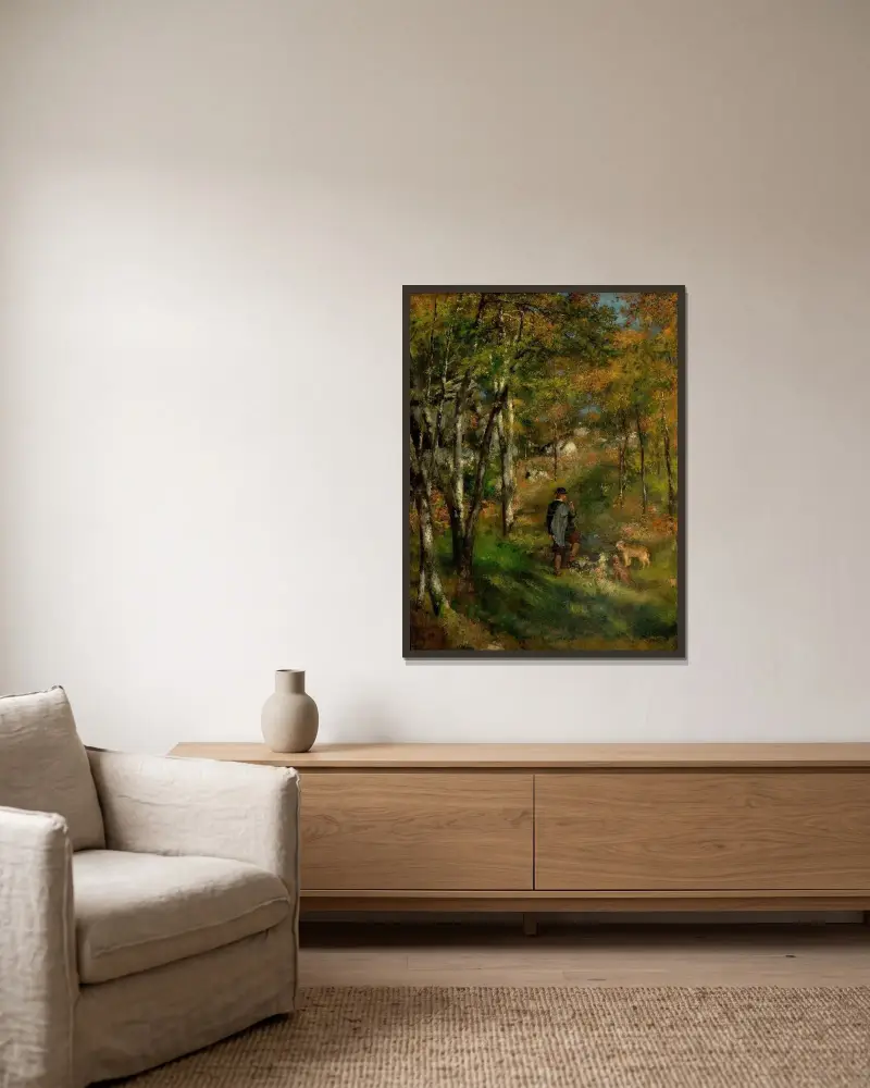 Jules Le Coeur und seine Hunde im Wald von Fontainebleau von Pierre-Auguste Renoir gerahmt an einer Wand